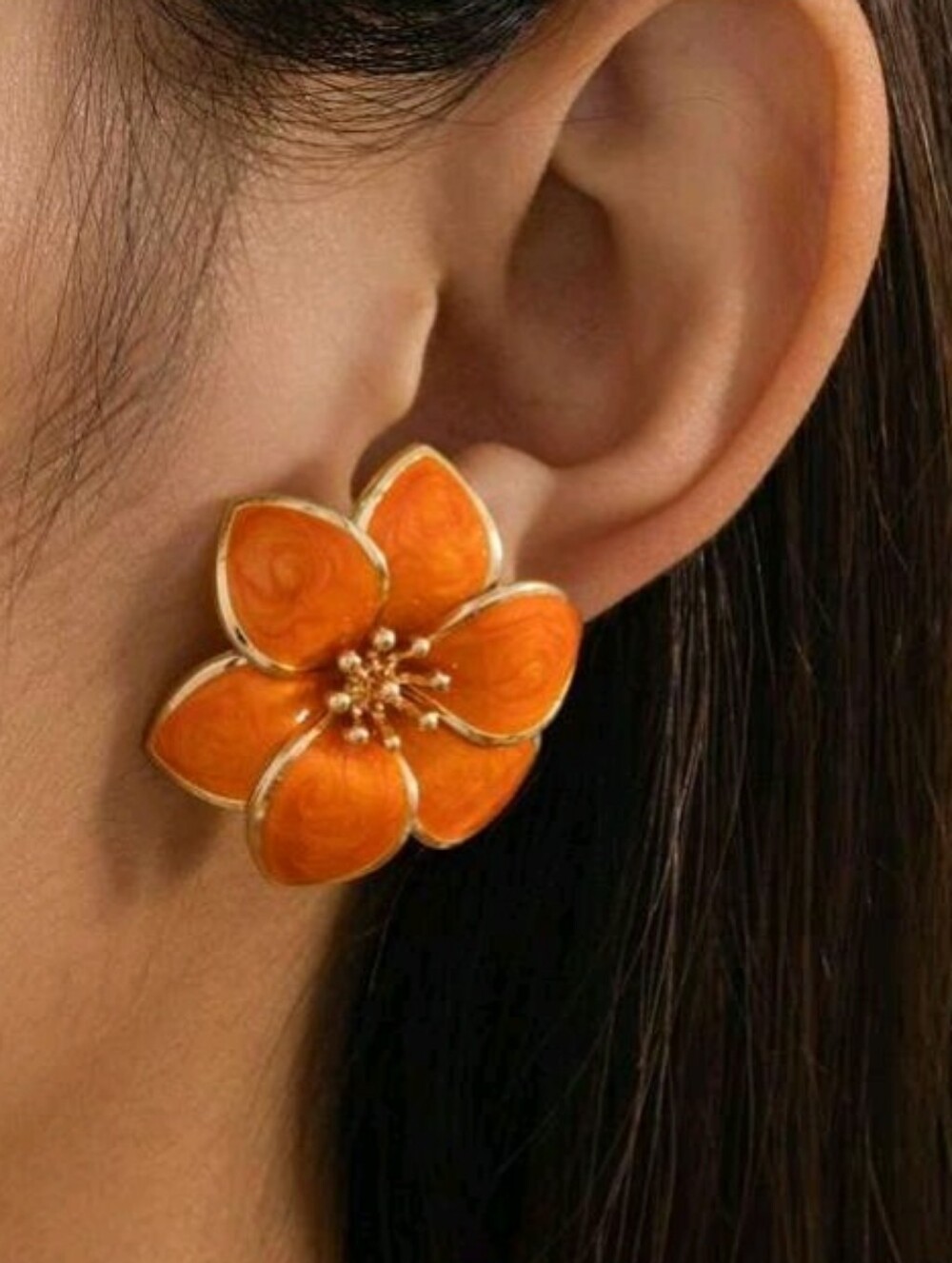 NEW! Orange Flower Gold Enamel Statement Post Earrings - Women's Jewelry
